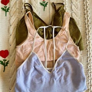 Set of 3 Ribbed Bralette Tops in Olive, Blush, and Blue